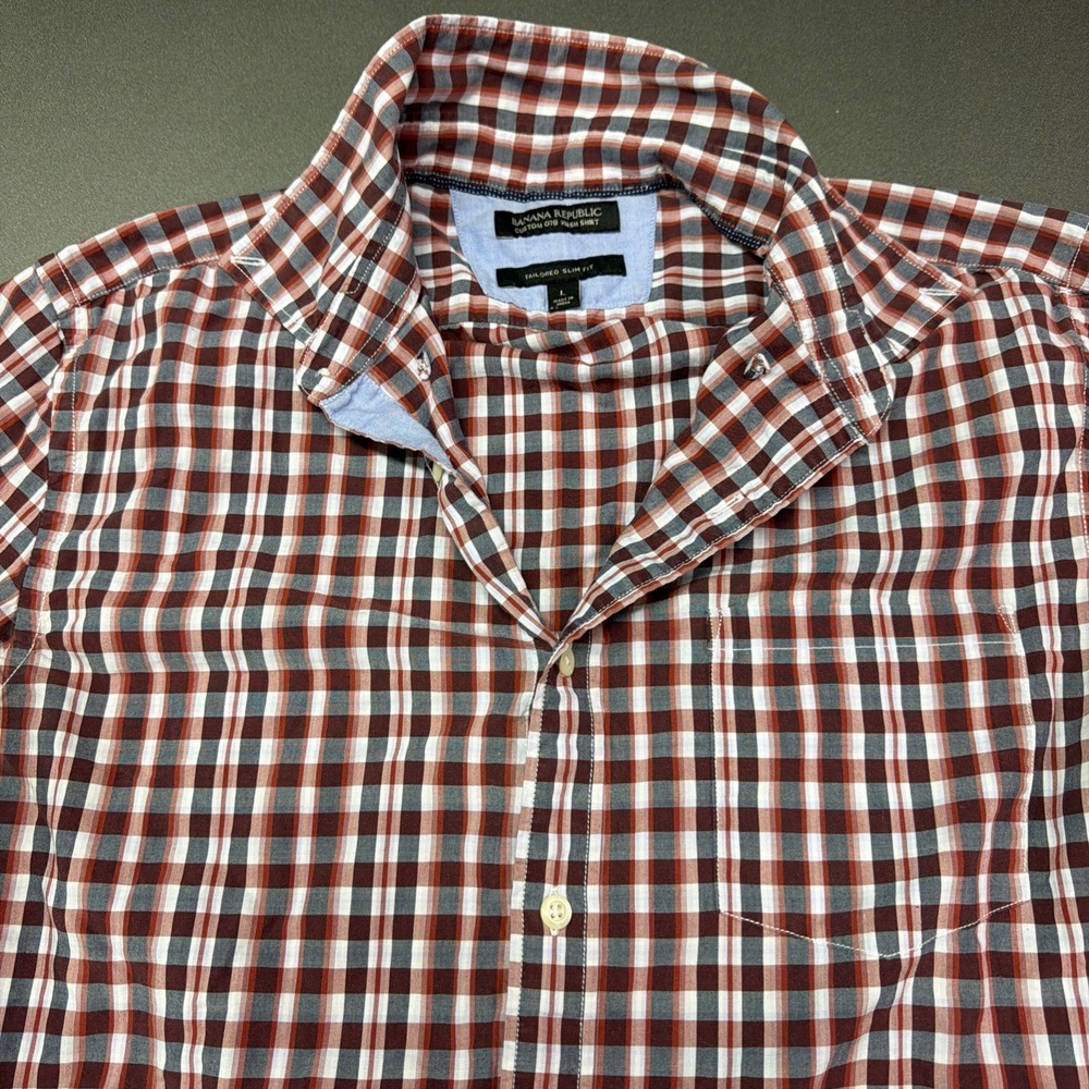 Banana Republic Custom 078 Wash Shirt Large Tailored Slim Fit Plaid Red Blue